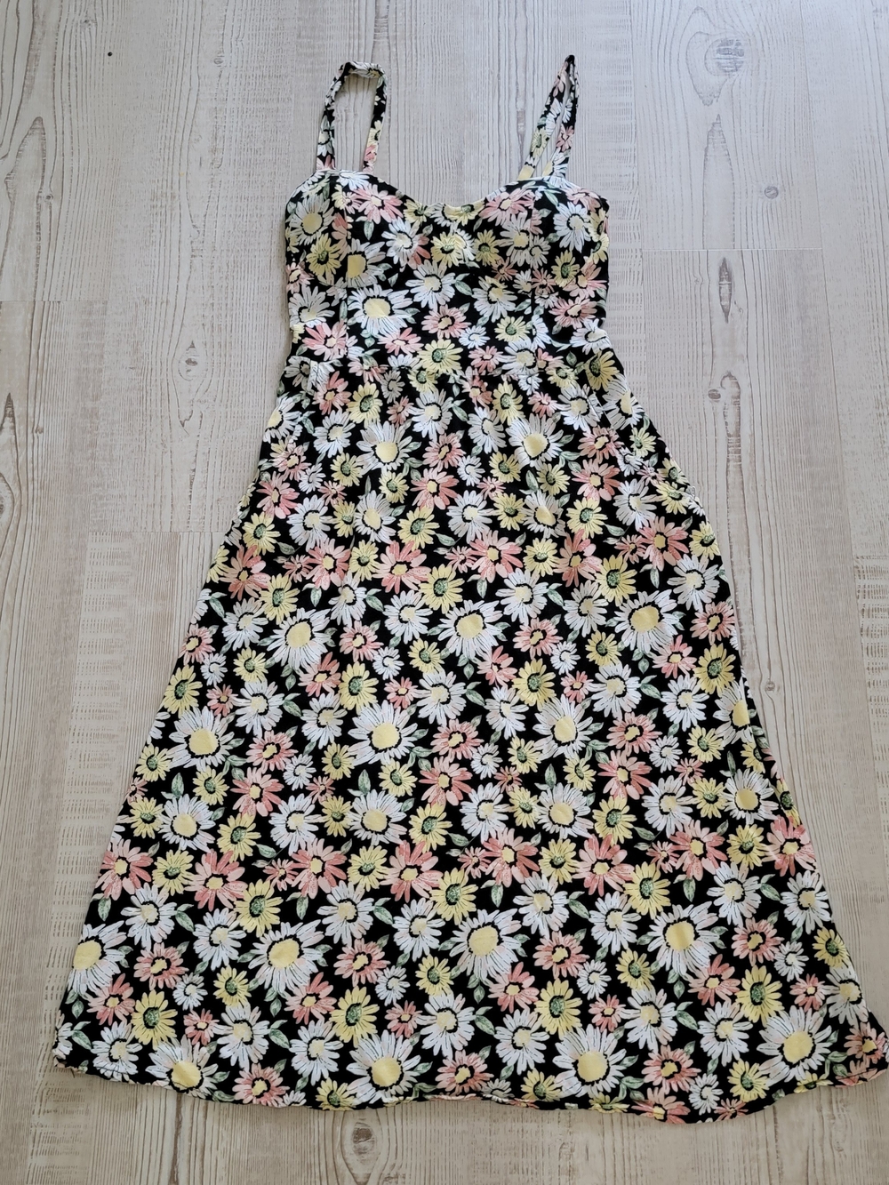 AUW Rayon Black Midi Dress with White, Pink & Yellow Daisy Print Medium 90s